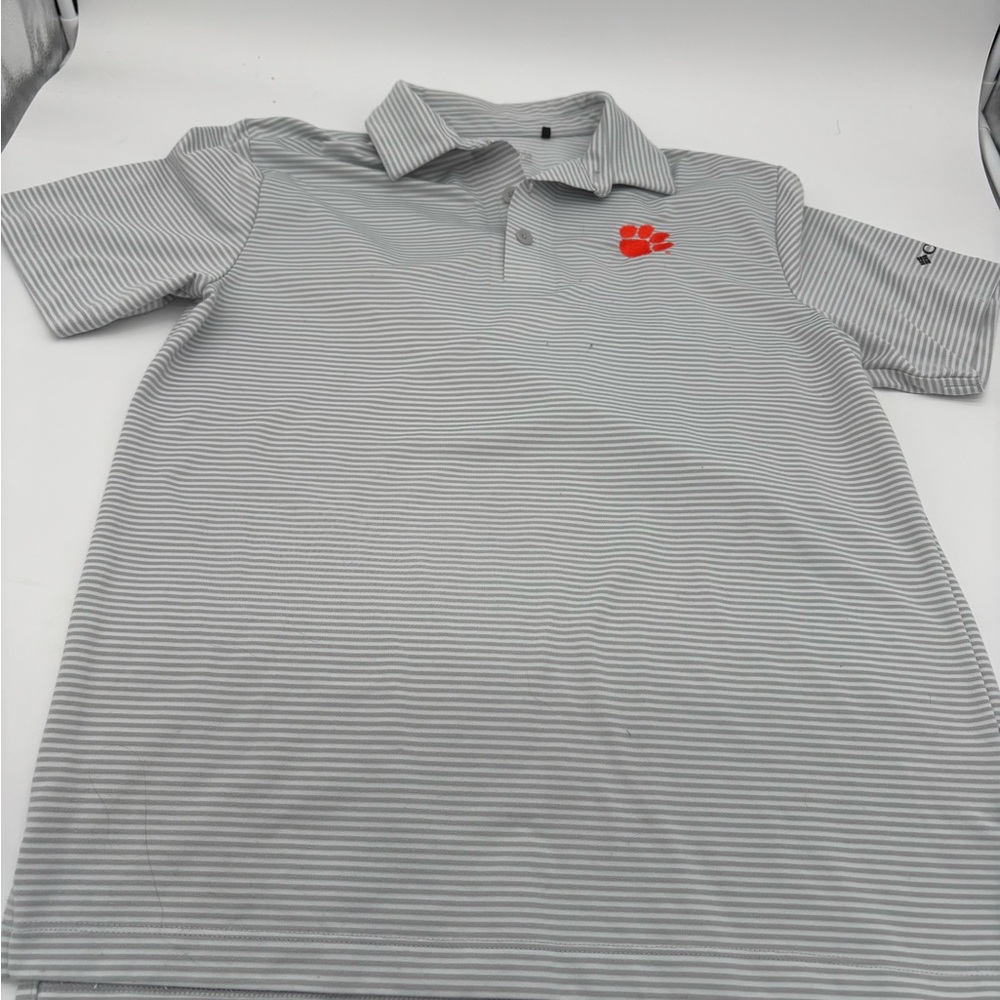 Men's Gray Striped Polo with Orange Paw Logo